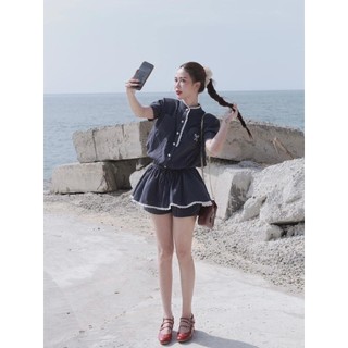 Set áo cổ tàu viền ren quần sooc tkcc ashyley