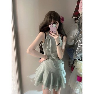 iMaodou Tinh Khiết Desire Phong Cách Không Đều Dây Cổ Xù Đầm Nữ Xuân Hè 2024 Phong Cách Mới Nẹp quây Cổ Tích Váy Ngắn