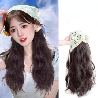Băng đô giả tích hợp tóc giả, khăn quàng tam giác, dây buộc tóc, tóc giả Người phụ nữ cho tóc giả Phần mở rộng tóc Mô phỏng tóc giả dài xoăn màu đen