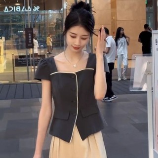 Pháp Xám Cổ Vuông Áo Sơ Mi Tay Ngắn Nữ Mùa Hè Thiết Kế Nhỏ Cảm Thấy Niche Tính Khí Puff Tay Áo Sang Trọng Top