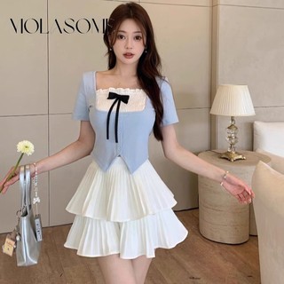 Molasome Nữ 2024 Thời Trang Mới Màu Sắc Tương Phản Cổ Vuông Áo Thun Tay Ngắn