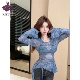Xiyuyi Áo Thun Nữ Retro Cổ Tròn Ôm Vừa Vặn Dài Tay Ren Phong Cách Mới Phù Hợp Với Hàng Đầu