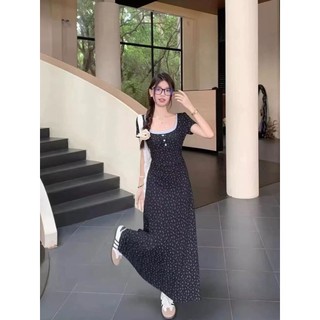 Váy ngắn tay cổ chữ U giả hai hoa khí chất thời trang eo