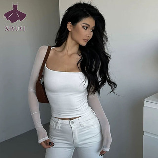 Xiyuyi Áo thun nữ thời trang Mỹ đơn giản nối lưới màu trơn cổ vuông dài tay ngắn phơi bụng hàng đầu