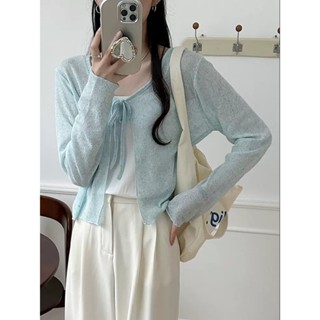  Áo len dệt kim dệt kim dài tay nơ đơn giản mùa hè SUXI 240701 