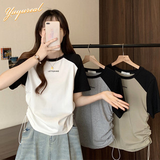 Yuyureal Màu sắc tương phản Áo thun ngắn tay nữ mùa hè thon gọn hơn Thiết kế dây rút Feel T