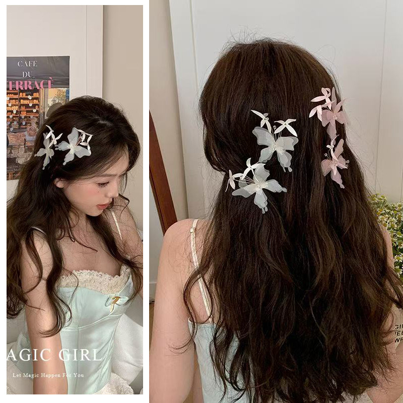 4 / 6 Miếng Màu Xanh / Hồng Tuyn Bướm Tóc Siêu Tiên-sen Nổ Kẹp Bên Kẹp Mỏ Vịt Kẹp Phụ Kiện Tóc Cho Nữ