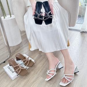 Dép cao gót nữ  7cm NGOCTRINH STORE  gót tam giác 3 màu  si kim tuyến lấp lánh  KB 040 Nhung JeaP Đồng Len Sandal Shoes