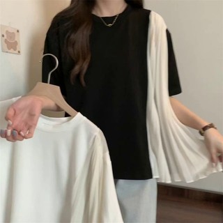 Plus Kích Thước Xếp Ly Voan Chắp Vá Áo Thun Nữ Tay Ngắn Mùa Hè Mới Plump Bé Gái Flab Ẩn Rời Giảm Béo Sang Trọng Top Quần Áo