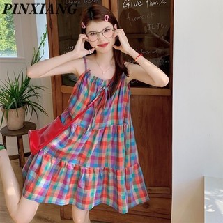 Pixniang Nữ Mới Phong Cách Hàn Quốc Kẻ Sọc Cầu Vồng Áo Dài Dopamine Ngọt Ngào