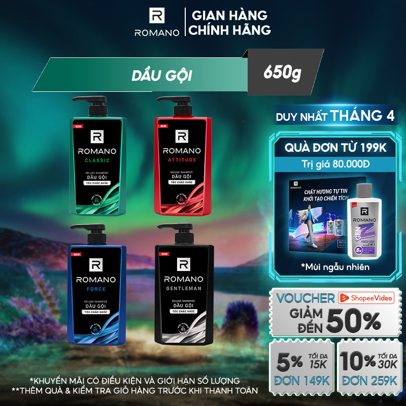 Dầu gội Romano hương nước hoa Classic/ Force/ Attitude/ Gentleman 650g/chai - 4 mùi hương có sẵn