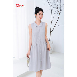 Đầm linen ghi kem sát nách, dáng xòe nhún cắt chéo TOSON 44066E94