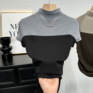 Nửa Cổ Cao Xếp Ly Màu Sắc Phù Hợp Với Áo Thun Nữ Tay Ngắn Mùa Hè Sang Trọng Đơn Giản Top