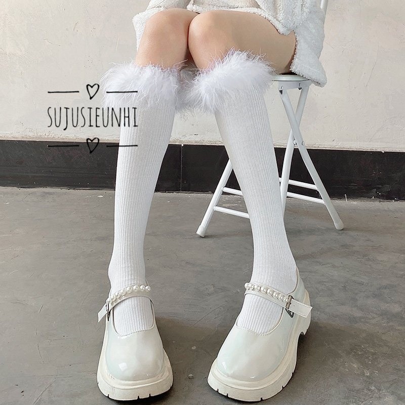 tất vớ len jk mùa đông viền lông vũ Nhật Bản