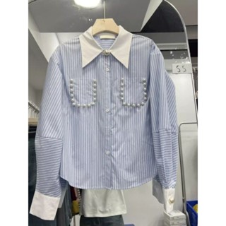  Mùa Xuân 2024 Phong Cách Mới Boutique Nữ Tính Khí Dài Tay Áo Sơ Mi Nữ Màu Sắc Phù Hợp Với Áo Sơ Mi Sọc Xanh Nữ Ve Áo Top 