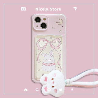 Hộp đựng thẻ hình thỏ hoạt hình có dây đeo cổ tay sang trọng Tương thích cho iPhone 15 14 13 12 Pro Max 11 Vỏ bọc mặt sau TPU bảo hiểm toàn diện
