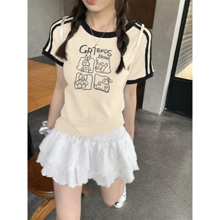 Áo thun ngắn tay cổ tròn 100% cotton mùa hè sọc nữ màu sắc tương phản hàng đầu