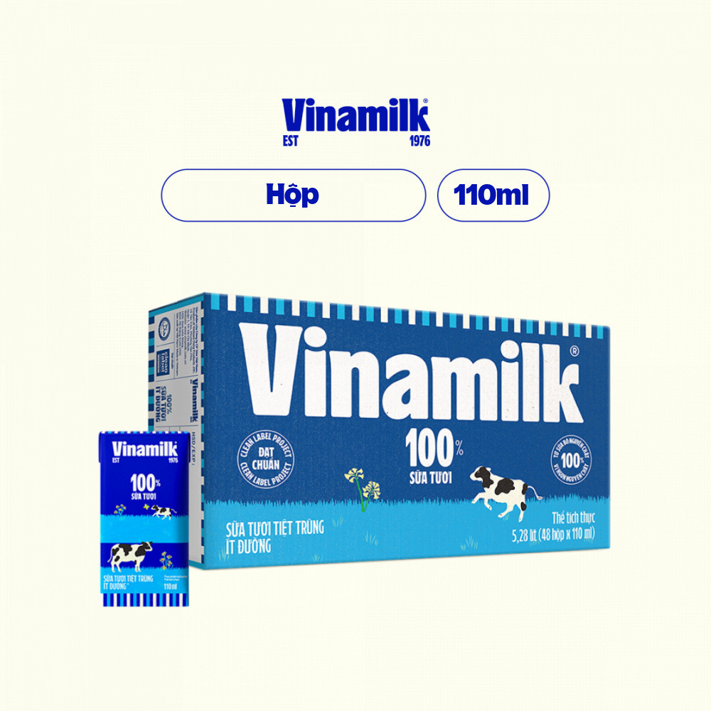 [Vinamilk] Thùng 48 Hộp Sữa Tươi Tiệt Trùng Vinamilk 100% Ít Đường - 110ml/hộp