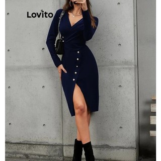 Đầm Lovito màu trơn cài nút phong cách thanh lịch cho nữ LNL62145