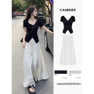 Set Áo Thun Ngắn Tay Cổ Chữ V Xẻ Tà Màu Đen, Quần Ống Rộng Cạp Cao Phong Cách Thuần Khiết Mùa Hè