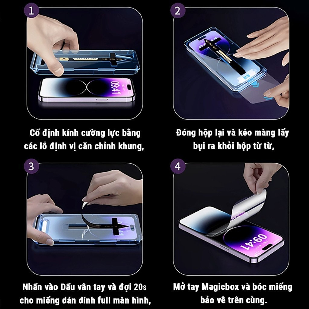 Kính Cường Lực iPhone Magic Box Khung Tự Dán,Tự Hút Bụi, Chống Nhìn Trộm Cho iPhone X/XS/XR/11/12/13/14/15/16/17Pro/Max | BigBuy360 - bigbuy360.vn