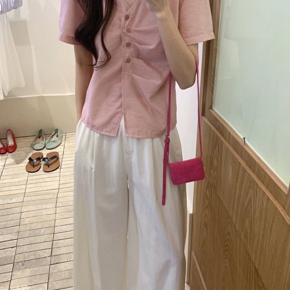 Size Lớn Hàn Quốc sang trọng Retro Slimer Look Cổ Chữ V Xếp Ly Không Đều Áo Sơ Mi Tay Ngắn Nữ Mùa Hè Top
