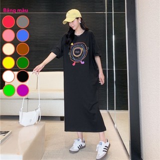 Váy thun suông xẻ tà dáng dài from rộng ngắn tay hợp thời trang in hoạt tiết vòng tròn TTDSA0150