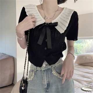 Yuewen Búp Bê Cổ Rỗng Tay Ngắn Dệt Kim Cardigan Nữ Ngọt Nấm Cạnh Ve Áo Phong Cách Ngắn Sang Trọng Cao Đẳng Top