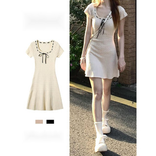 Váy cottagecore Đầm babydoll xinh Đầm dự tiệc body Đầm xoắn dệt kim bằng lụa băng nhỏ ôm vừa vặn hơn Tính khí