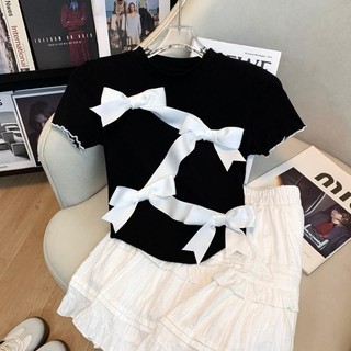 Mùa hè Phong cách mới Nơ đen Niche Slim-fit Slimmer Nhìn ngắn tay T @