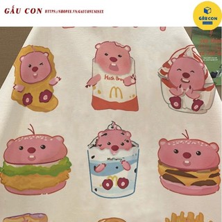 Phong cách Hàn Quốc LOOPY burger họa tiết áo thun mơ Áo thun nữ cổ tròn mới đa năng hàng đầu 100% cotton