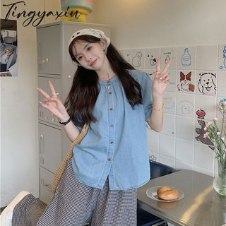 Áo sơ mi nữ TINGYAXIU Nhật Bản retro màu xanh áo sơ mi tay phồng dáng rộng mỏng phù hợp với áo sơ mi hàng đầu