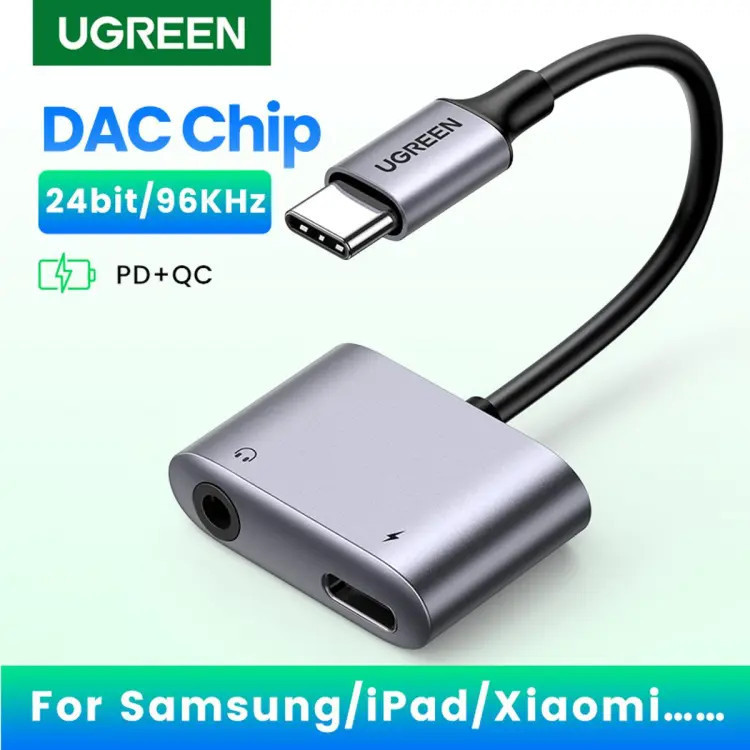 Adaptor USB C to 3.5mm Audio và Mic Ugreen 60164  CM231 có Chip DAC + sạc PD 30W USB C