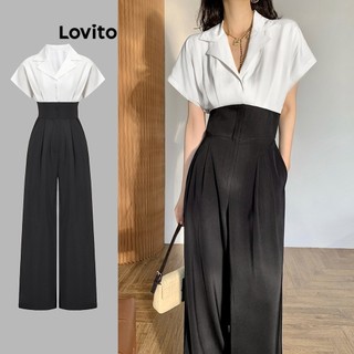 Áo liền quần Lovito đắp vải ghép nối màu sắc thanh lịch cho nữ L71ED204 (Màu đen và trắng)