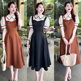 A9- Đầm Thiết kế  yếm,Cổ sơ mi phối viền, Tay phồng nhẹ phối nút ngọc dáng dài thanh lịch phù hợp đi chơi đi làm