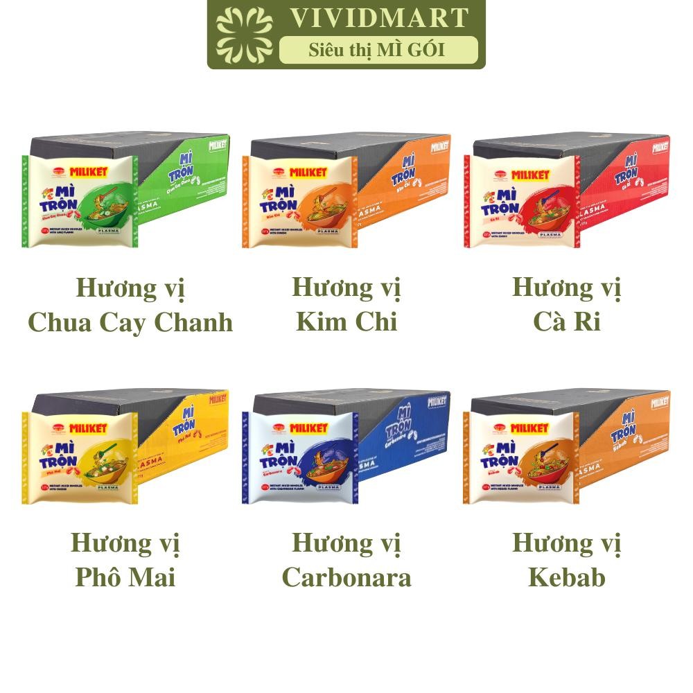THÙNG16GÓI-COLUSA- Mì trộn Miliket 6 vị: Chua cay chanh, Kim chi, Cà ri, Phô mai, Carbonara, Kebab, 