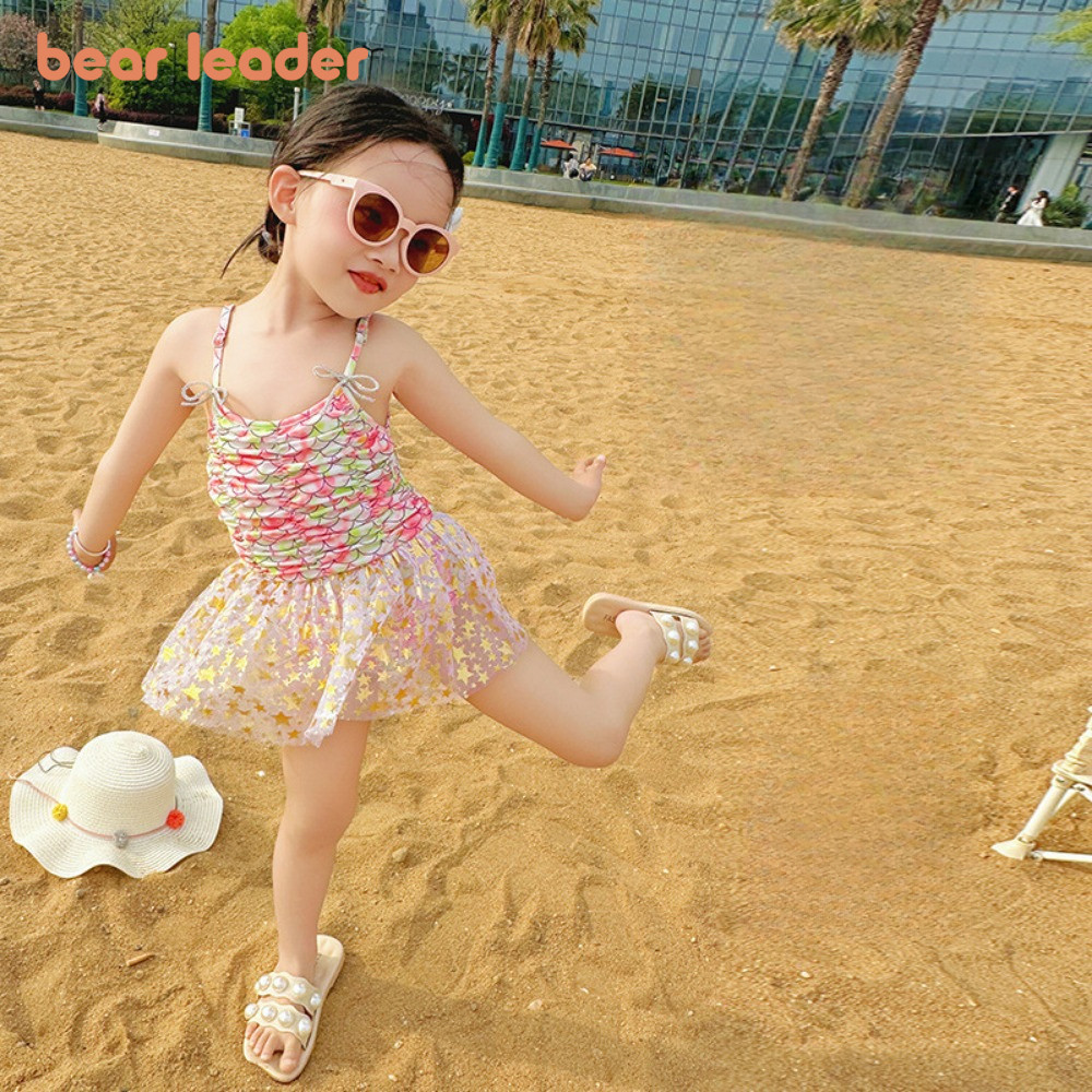 BEAR LEADER Gấu Lãnh Đạo Mùa Hè Giả Nàng Tiên Cá Cân In Hình Suspender Đồ Bơi Ngôi Sao Dễ Thương Lướ