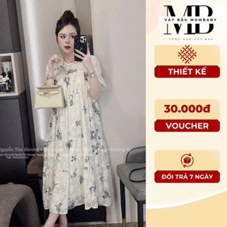 Váy Bầu Suông tơ voan , Đầm Bầu Mùa Hè Dáng Dài Qua Gối Thiết Kế Hoa Nhí