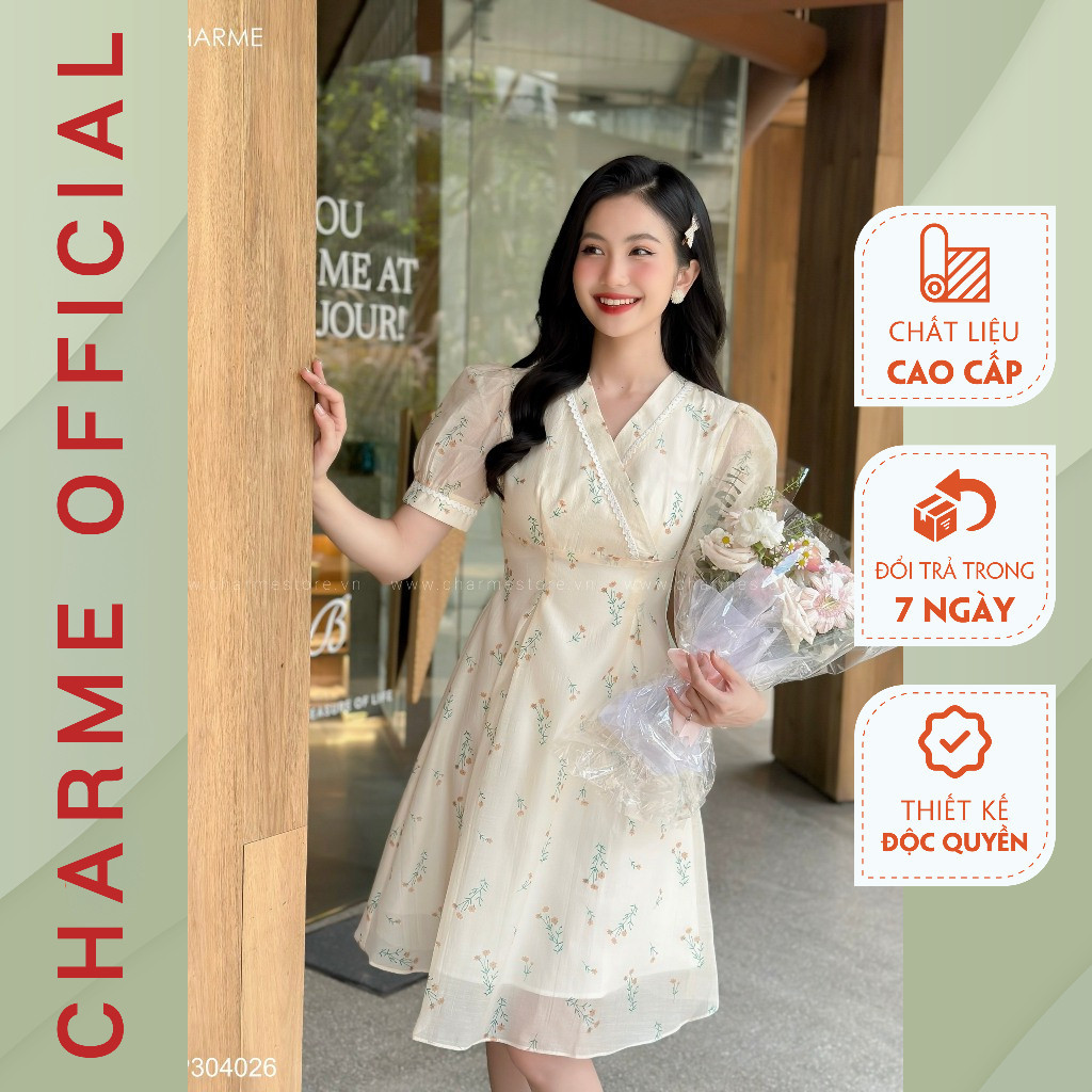 Váy hoa cổ V Charme 304026 - Váy thiết kế cao cấp Charme Stores