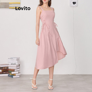 Đầm Lovito buộc dây bất đối xứng màu trơn phong cách Boho cho nữ L83ED088