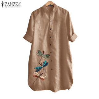 Zanzea Nữ Vintage Hàng Ngày Thêu Tay Dài Ve Áo Sơ Mi