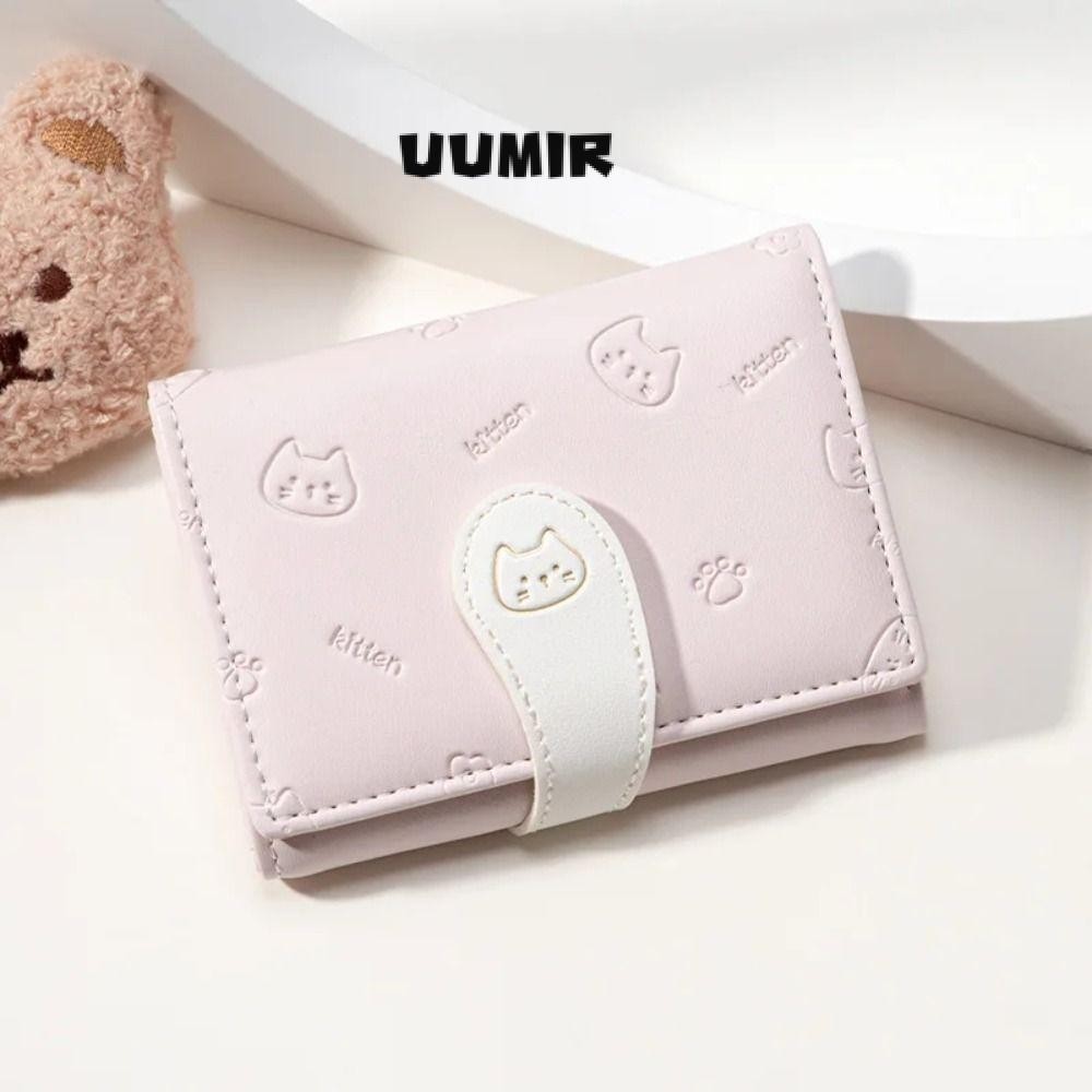 UUMIR Ví in hình mèo con, Túi ID bé gái PU ngắn dễ thương Ví nhỏ, Dây đeo khóa Hộp đựng thẻ Túi đựng tiền nữ thời trang