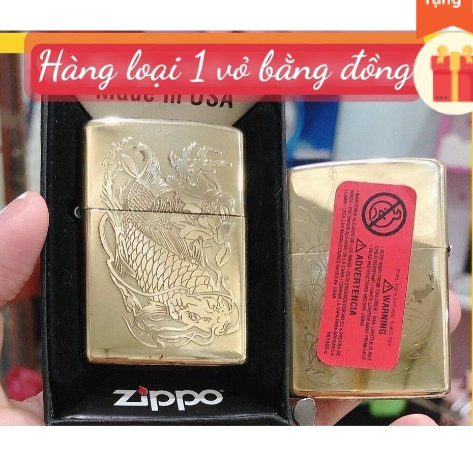 Vỏ Zippo Amor vỏ dầy KHẮC ĂN MÒN 2 MẶT HÌNH CÁ CHÉP HOÁ RỒNG, vỏ bằng đồng có tem đỏ