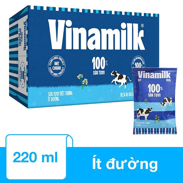 [Vinamilk] Thùng 48 Bịch Sữa Tươi Tiệt Trùng Ít Đường Vinamilk 100% Sữa Tươi - 220ml/bịch