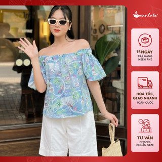  - Áo Kiểu Nữ Trễ Vai Cổ Bo Chun Tay Xòe Chất Vải Cotton Bông In Họa Tiết Hè Trẻ Trung Swanlake - A11501