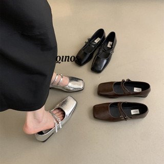 Giày nữ thời trang bạc Pháp đế phẳng mũi vuông Mary Jane giày