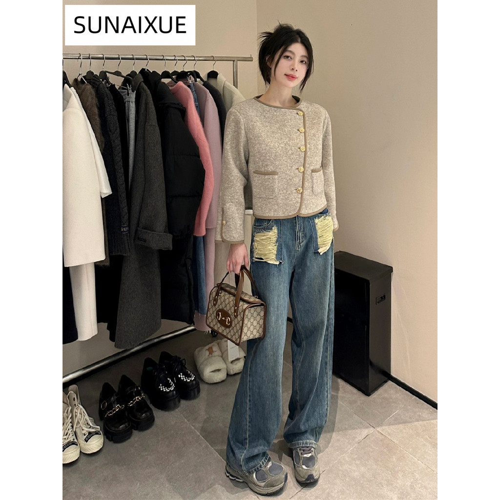 SUNAIXUE quần ống rộng quần nữ jean Korean Comfortable xu hướng Vintage WNK2430EV9 20Z240515