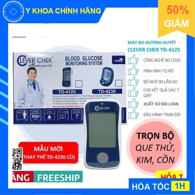[TẶNG QUE, KIM, CỒN] Máy Đo Đường Huyết Clever Chek TD-4125 (MG) (25 Que, Kim, Cồn) | Clever Check