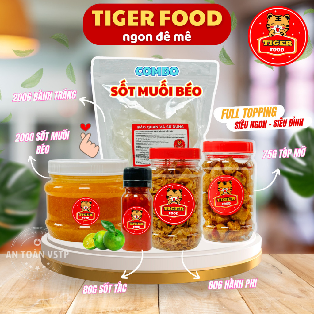 Bánh tráng muối béo TIGER FOOD Bánh tráng phơi sương muối béo + tóp mỡ + hành phi + sốt tắc FULL TOP