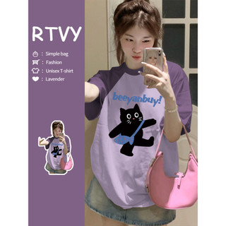 「RTVY」Áo thun Cotton ngắn tay nguyên chất mùa hè Oversize Chữ mèo in họa tiết Raglan tay áo